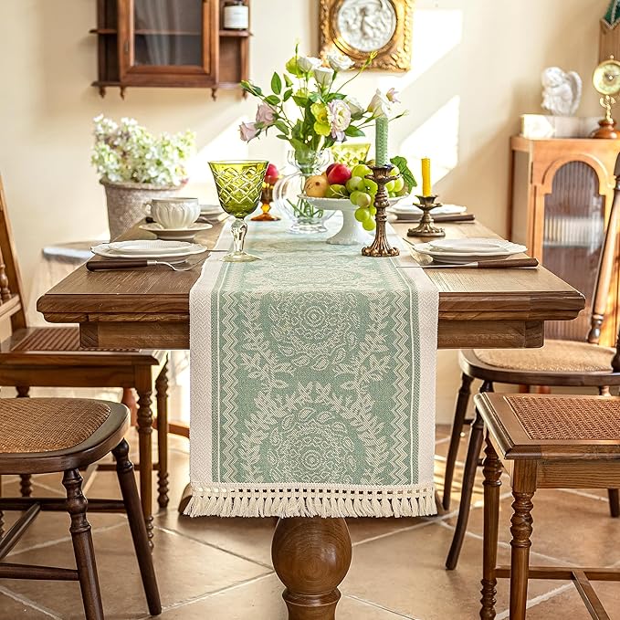Table Runner 14 x 107 Inch Boho Fringed Polyester with Embroidery