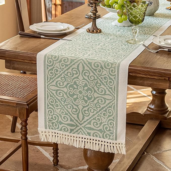Table Runner 14 x 63 Inches, Green Fringed Polyester Boho Style