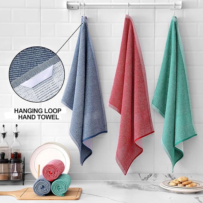 Dish Towels 12 Pack, 18x28 Cotton Flat and Terry Tea Towels, Navy/Red/Green