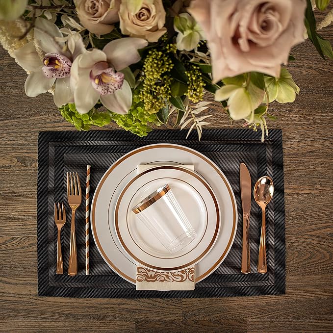 Plastic Dinnerware Set, Rose Gold Rim, 225 Pieces for 25 Guests
