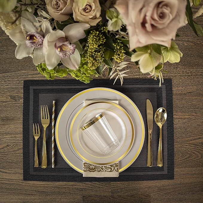 Plates Set, Gold Rim Plastic, 225 Pieces for 25 Guests