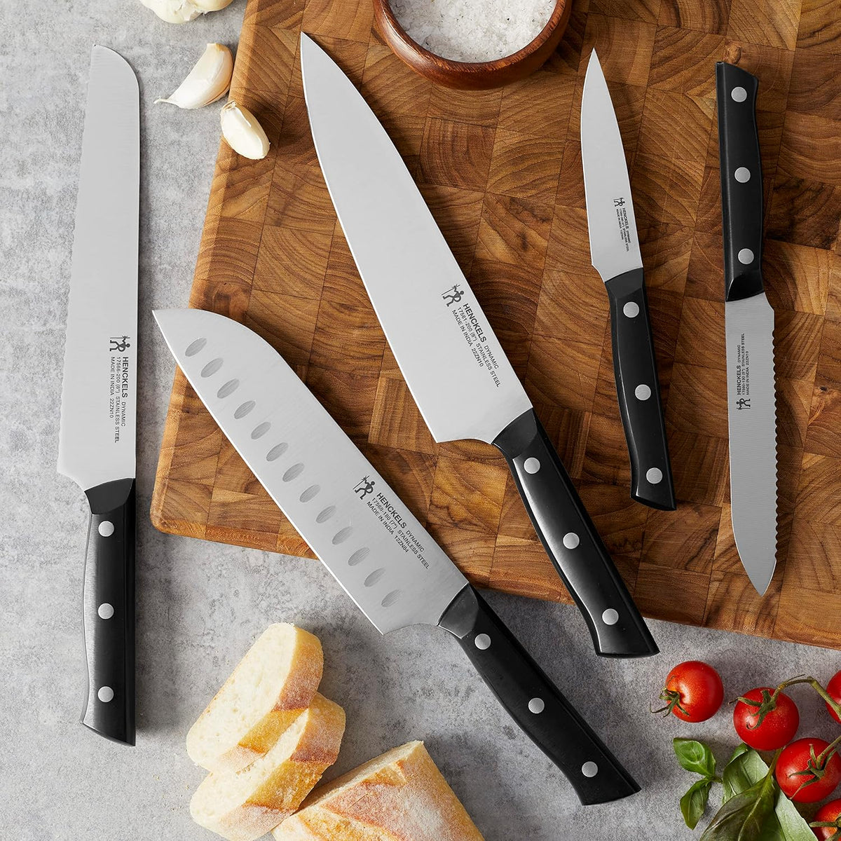 Dynamic 5-Pc Knife Set with Chef, Bread, Utility, Paring, Santoku – features