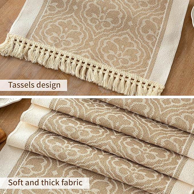 Table Runner in Coffee Boho Polyester with Fringe, 14 x 138 Inches