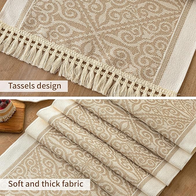 Coffee Boho Table Runner, 14 x 107 Inches, Polyester with Fringe